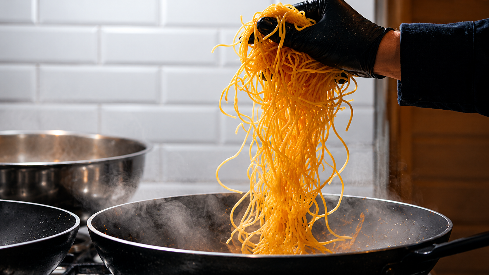 Chef lifting fresh pasta over a steaming pan